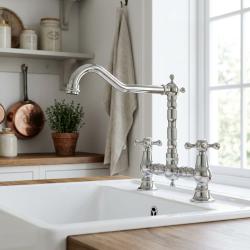 Aquanello Heritage Ascot Classic Kitchen Nostalgic Bridge Kitchen Faucet, Chrome with Cross Handles CR-0011-HM